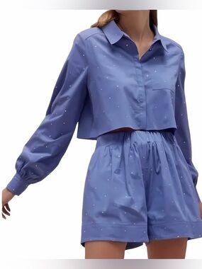 Jason Wu Blue Rhinestone Cropped Button Down Shirt Size S